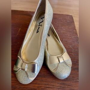 Nina Gold Glitter Bow Flats. New, no box